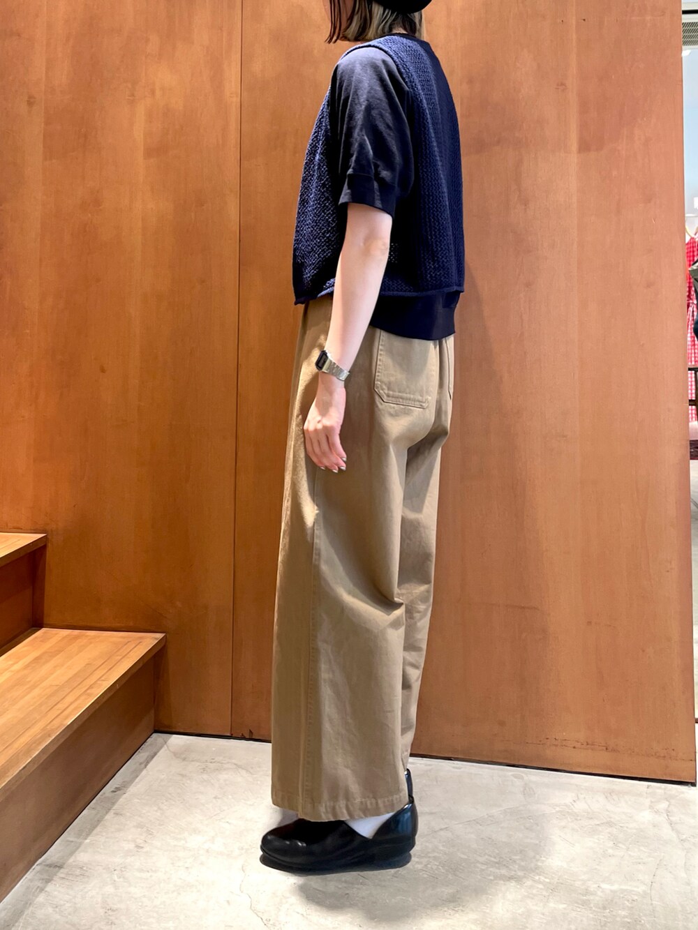 ブルー系のTシャツ/カットソー、ホワイト系のベスト、ベージュ系のチノパンツを着用したレディースの夏コーディネートの3枚目の写真