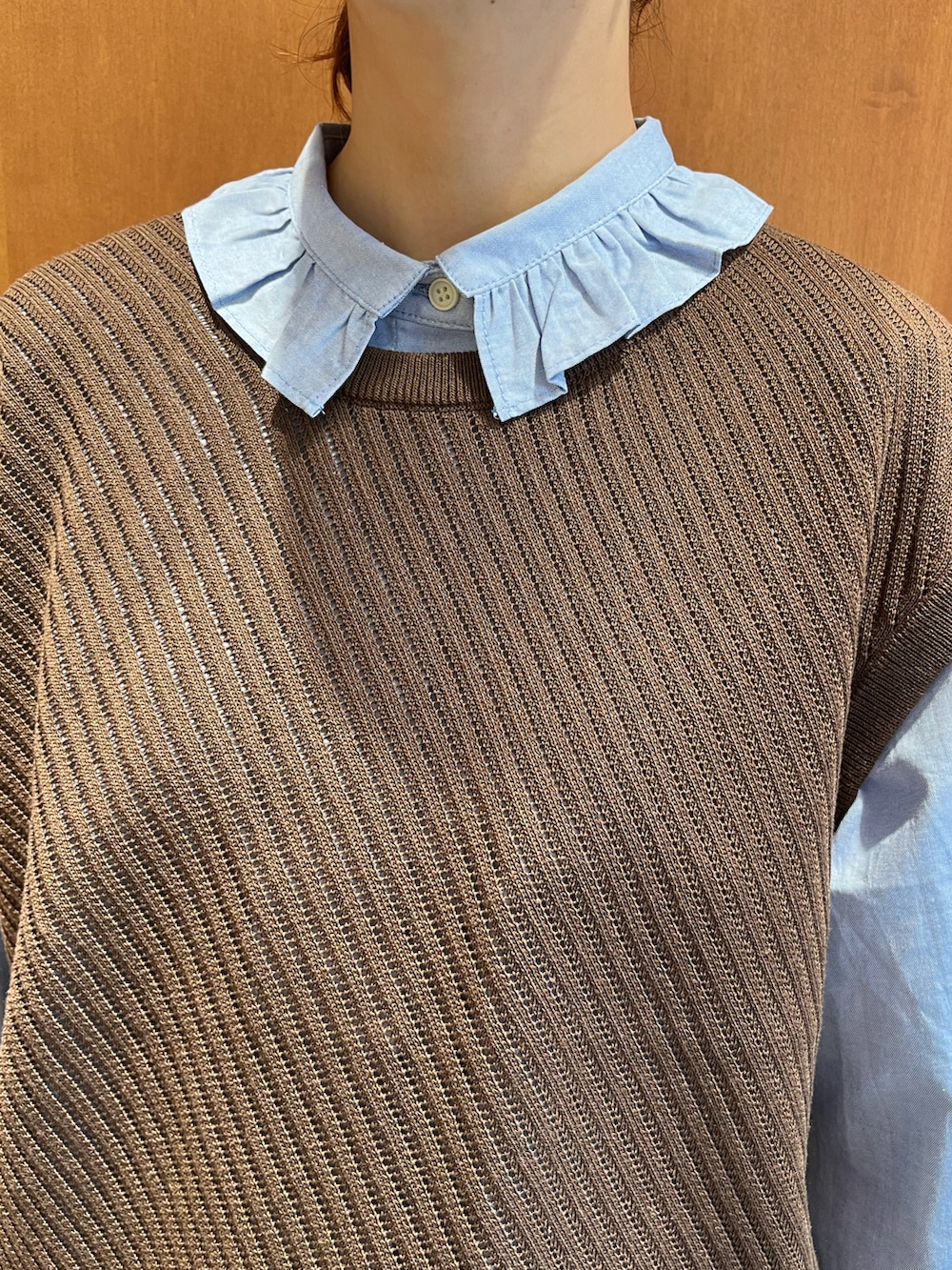 ブルー系のシャツ/ブラウス、ブラウン系のベスト、ベージュ系のその他パンツを着用したレディースの春コーディネートの5枚目の写真