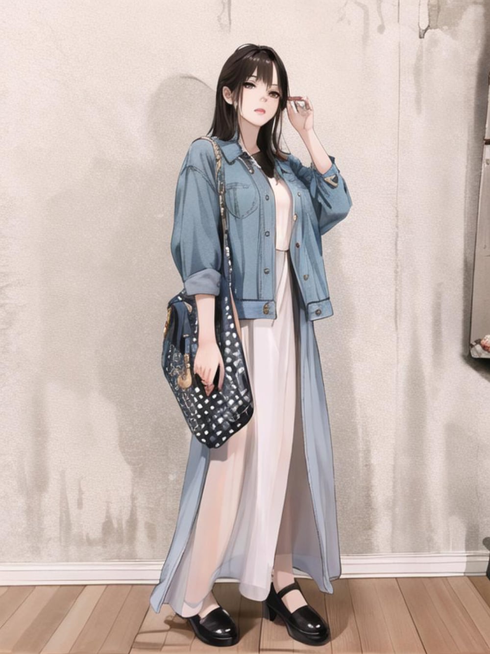 ベージュ系のワンピース、ブラック系のTシャツ/カットソー、ブルー系のデニムジャケットを着用したレディースの春コーディネートの5枚目の写真