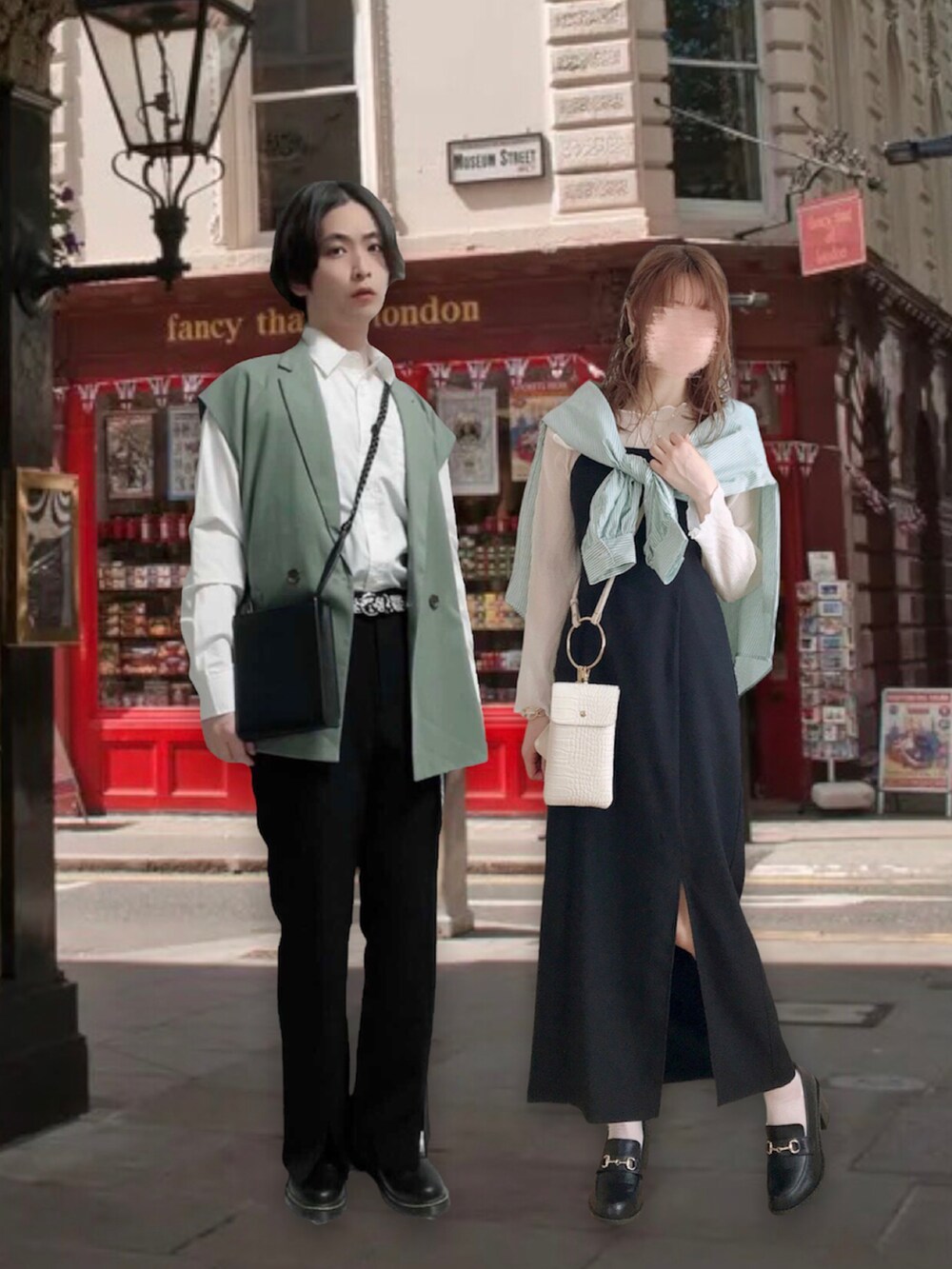 ブラック系のワンピース、ホワイト系のTシャツ/カットソー、グリーン系のシャツ/ブラウスを着用したレディースの春コーディネートの2枚目の写真