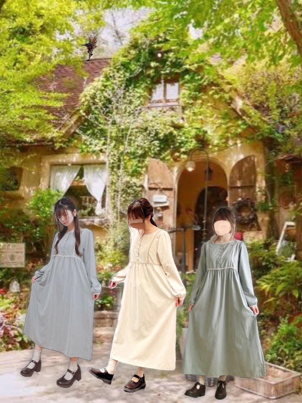 グリーン系のワンピース、ホワイト系のワンピース、ブラウン系のその他シューズを着用したレディースの春コーディネートの4枚目の写真