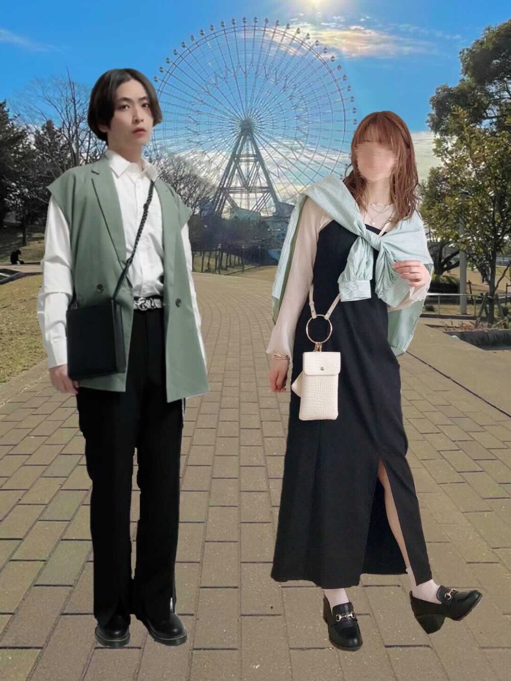 ブラック系のワンピース、ホワイト系のTシャツ/カットソー、グリーン系のシャツ/ブラウスを着用したレディースの春コーディネートの4枚目の写真