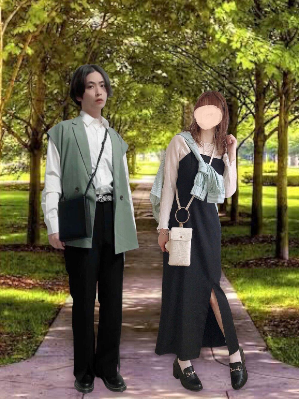 ブラック系のワンピース、ホワイト系のTシャツ/カットソー、グリーン系のシャツ/ブラウスを着用したレディースの春コーディネートの3枚目の写真