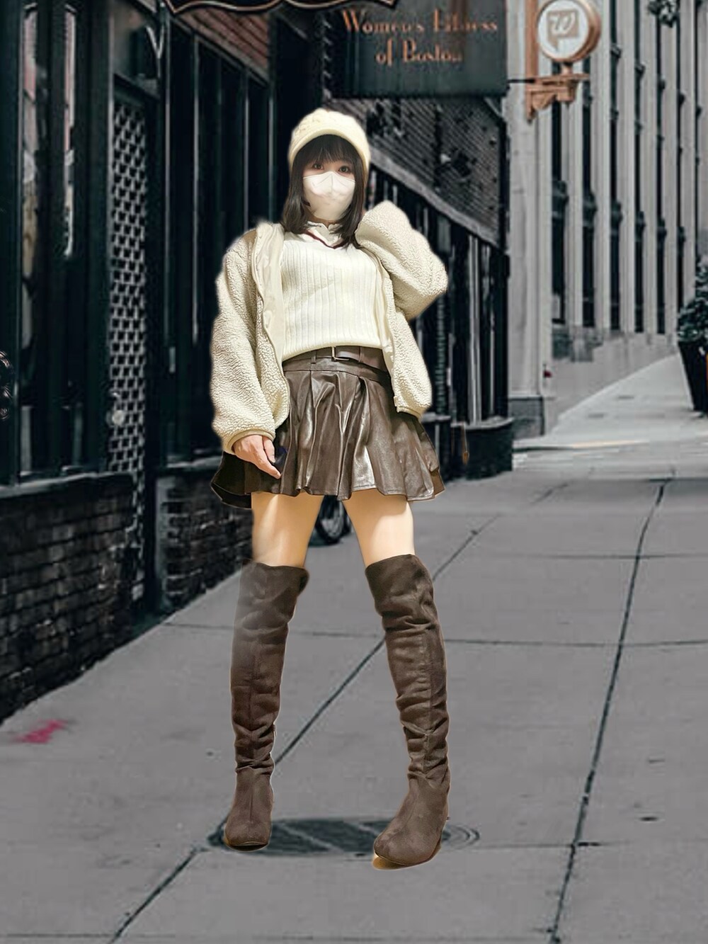 ベージュ系のブルゾン、ブラウン系のスカート、ブラウン系のブーツを着用したレディースの冬コーディネートの3枚目の写真