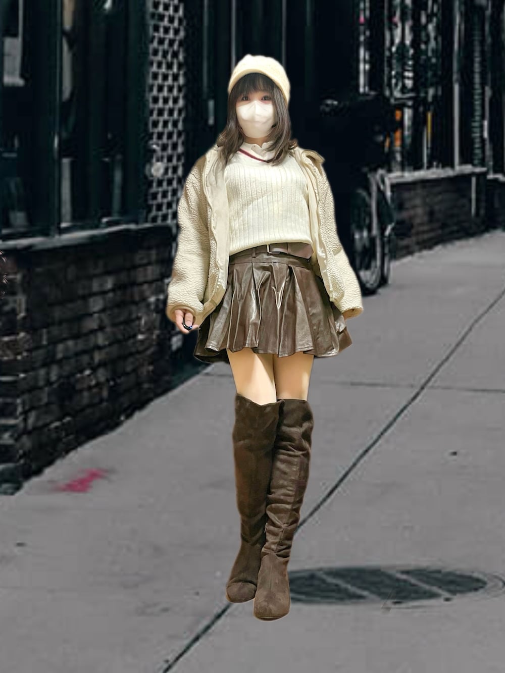 ベージュ系のブルゾン、ブラウン系のスカート、ブラウン系のブーツを着用したレディースの冬コーディネートの2枚目の写真