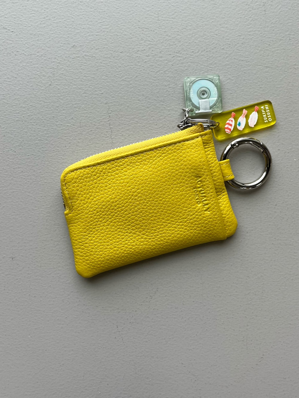 イエロー系のパスケース、グレー系のポーチ、ブルー系の生活家電を着用したレディースの冬コーディネートの2枚目の写真