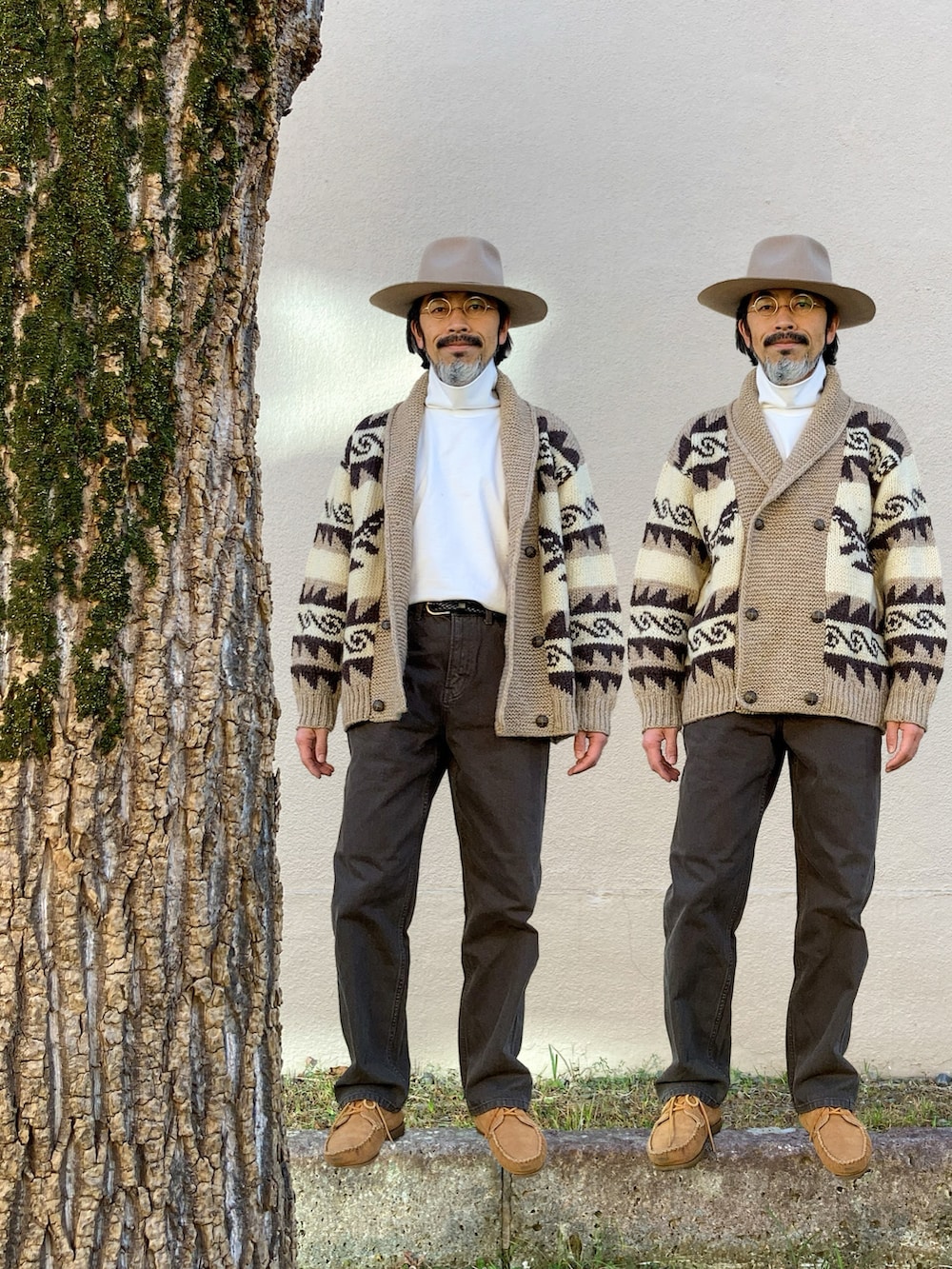 「ハット、brixton、丸メガネ、Zparts、カウチンセーター、カウチンニット、カウチン、recuerdo、タートルネック、UNIQLO U、デニム、ジーンズ、beams plus、モカシン、minnetonka」｜「BRIXTONのアイテム（ハット、ベージュ系）」を使った、【Khaki's】A田さん（メンズ・163cm）の冬コーディネートの3枚目の写真