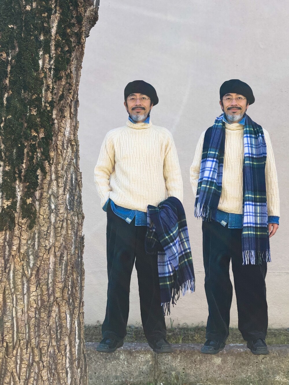 「ベレー帽、UNIQLO、丸メガネ、ストール、マフラー、チェック、united arrows、タートルネック、タートルネックニット、green label relaxing、デニムシャツ、orslow、コーデュロイ、コーデュロイパンツ、UNIQLO U」｜「UNIQLOのアイテム（ハンチング/ベレー帽、ブラック系）」を使った、【Khaki's】A田さん（メンズ・163cm）の冬コーディネートの3枚目の写真