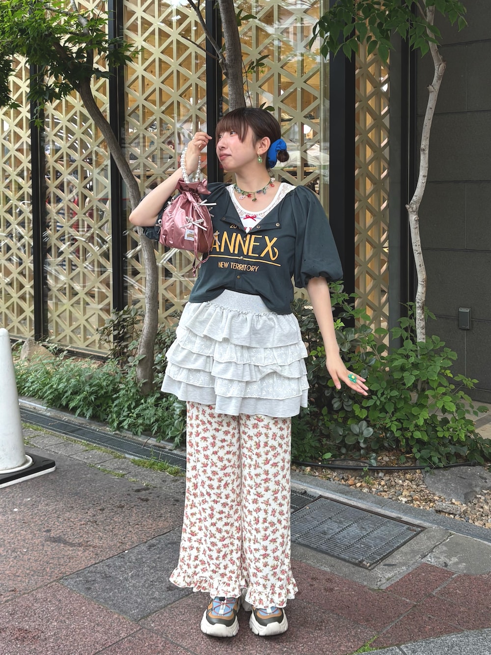 「チャオパニック、ciaopanic、レイヤード、レイヤードスタイル、レイヤードコーデ、夏コーデ、夏、夏服、カラーコーデ、バルーンスリーブ」｜「CIAOPANICのバルーンスリーブTシャツカーデ（Tシャツ/カットソー、グリーン系）」を使った、ひなのさん（骨格ストレート・レディース・159cm）の夏コーディネートの2枚目の写真