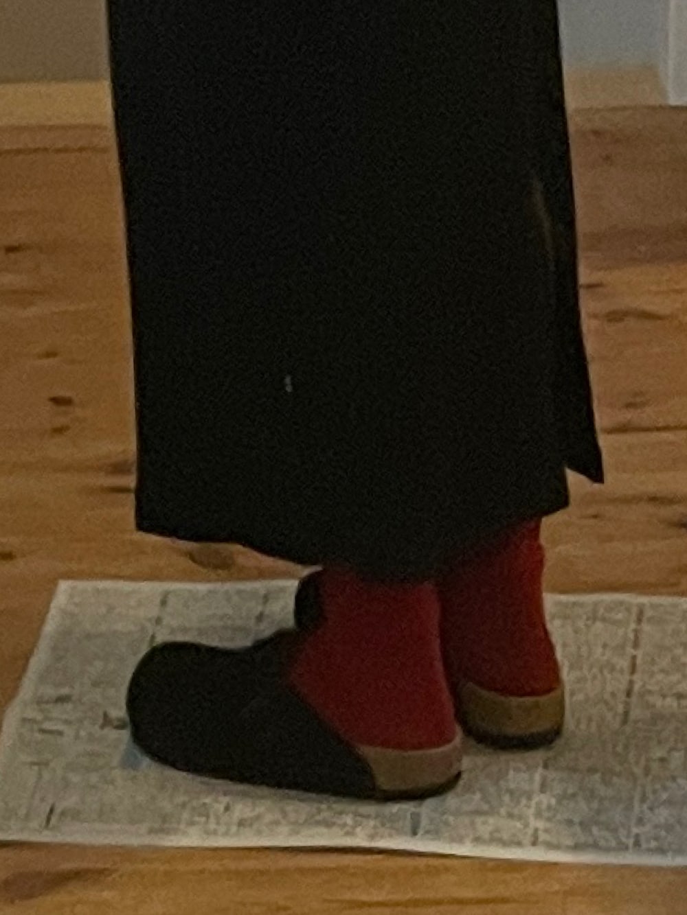 ブラック系のバックパック/リュック、オレンジ系のワンピース、ブラック系のスリッポンを着用したレディースの秋コーディネートの2枚目の写真