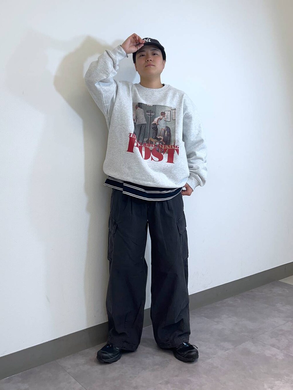 「低身長、個性派、ラフ、デート/ロマンティック、差し色コーデ、高見え、リラックス、ベーシック/シンプル、オーバーサイズ、ワイドパンツ、ロンT、Tシャツ、シャツ、カーディガン、ニット」|「RAGEBLUEの【Healthknit/ヘルスニット】シンカー無地3Pソックス(ソックス/靴下、その他)」を使った、shuさん(メンズ・159cm)の冬コーディネートの2枚目の写真