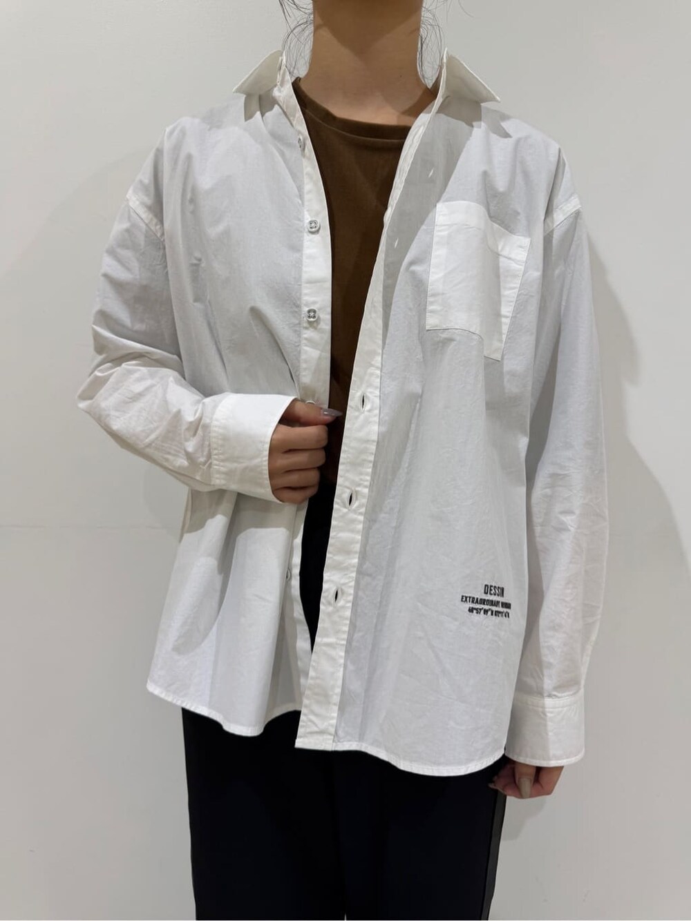 ブラウン系のTシャツ/カットソー、ホワイト系のシャツ/ブラウス、ブラック系のその他パンツを着用したレディースの秋コーディネートの5枚目の写真