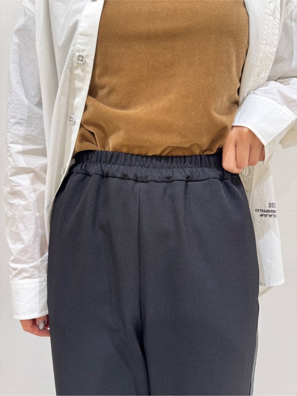 ブラウン系のTシャツ/カットソー、ホワイト系のシャツ/ブラウス、ブラック系のその他パンツを着用したレディースの秋コーディネートの7枚目の写真