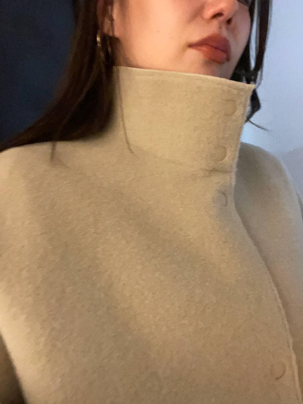 ベージュ系のブルゾン、ゴールド系のピアス（両耳用）を着用したレディースの冬コーディネートの3枚目の写真