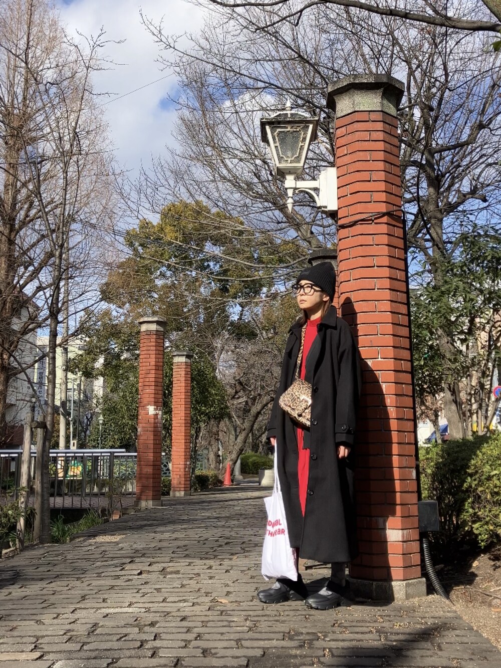 レッド系のワンピース、ブラウン系のショルダーバッグ、ブラック系のシューズを着用したレディースの冬コーディネートの3枚目の写真