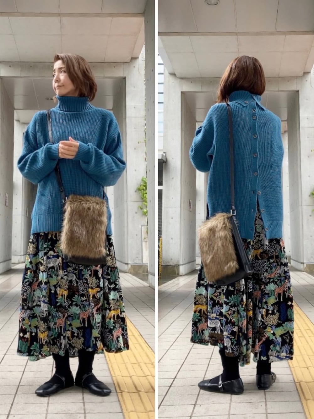 ブルー系のニット/セーター、ブラウン系のショルダーバッグ、ブラック系のワンピースを着用したレディースの秋コーディネートの2枚目の写真