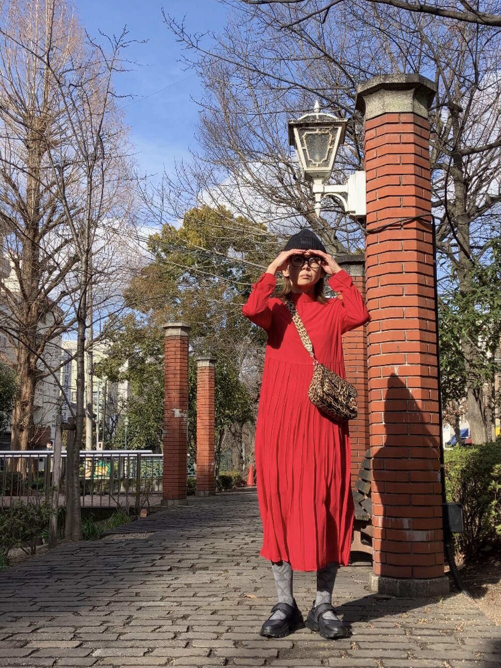 レッド系のワンピース、ブラウン系のショルダーバッグ、ブラック系のシューズを着用したレディースの冬コーディネートの2枚目の写真