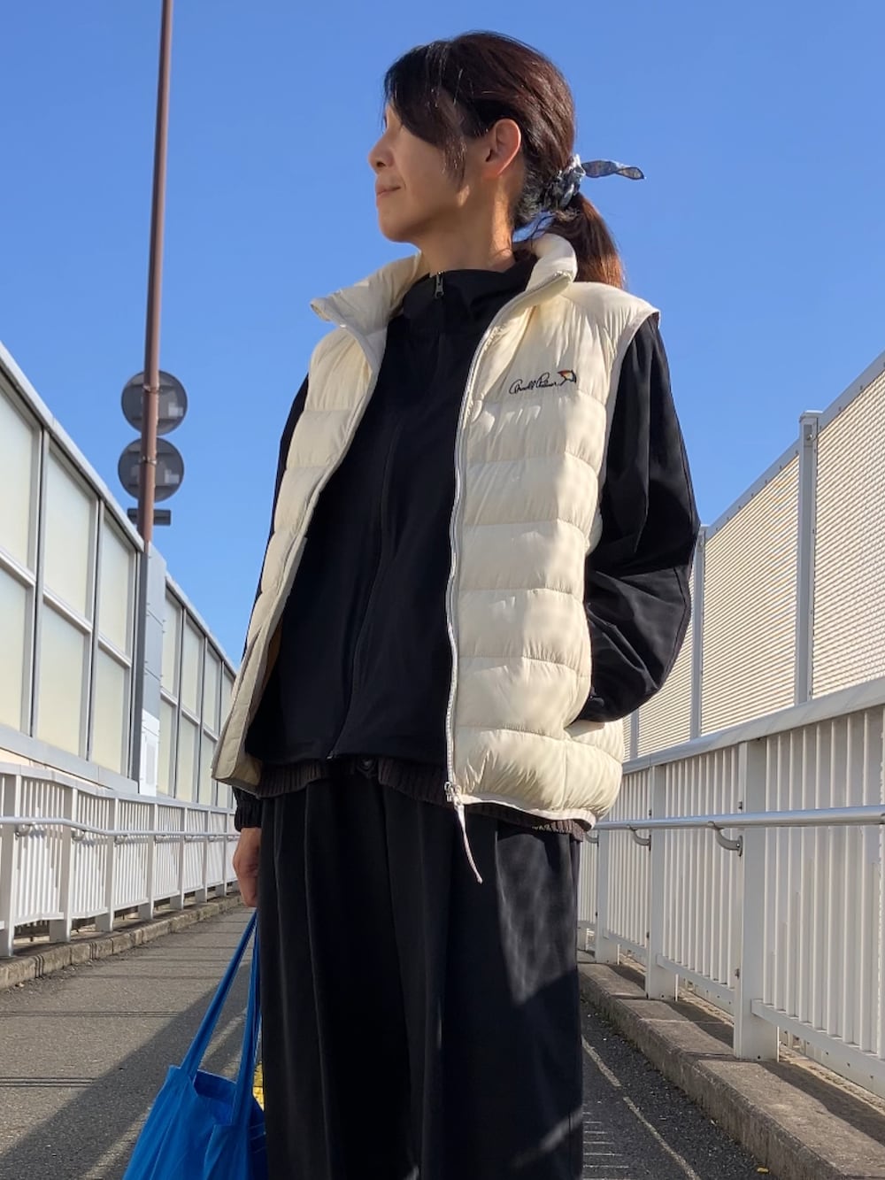 ホワイト系のダウンベスト、ブルー系のトートバッグを着用したレディースの秋コーディネートの2枚目の写真