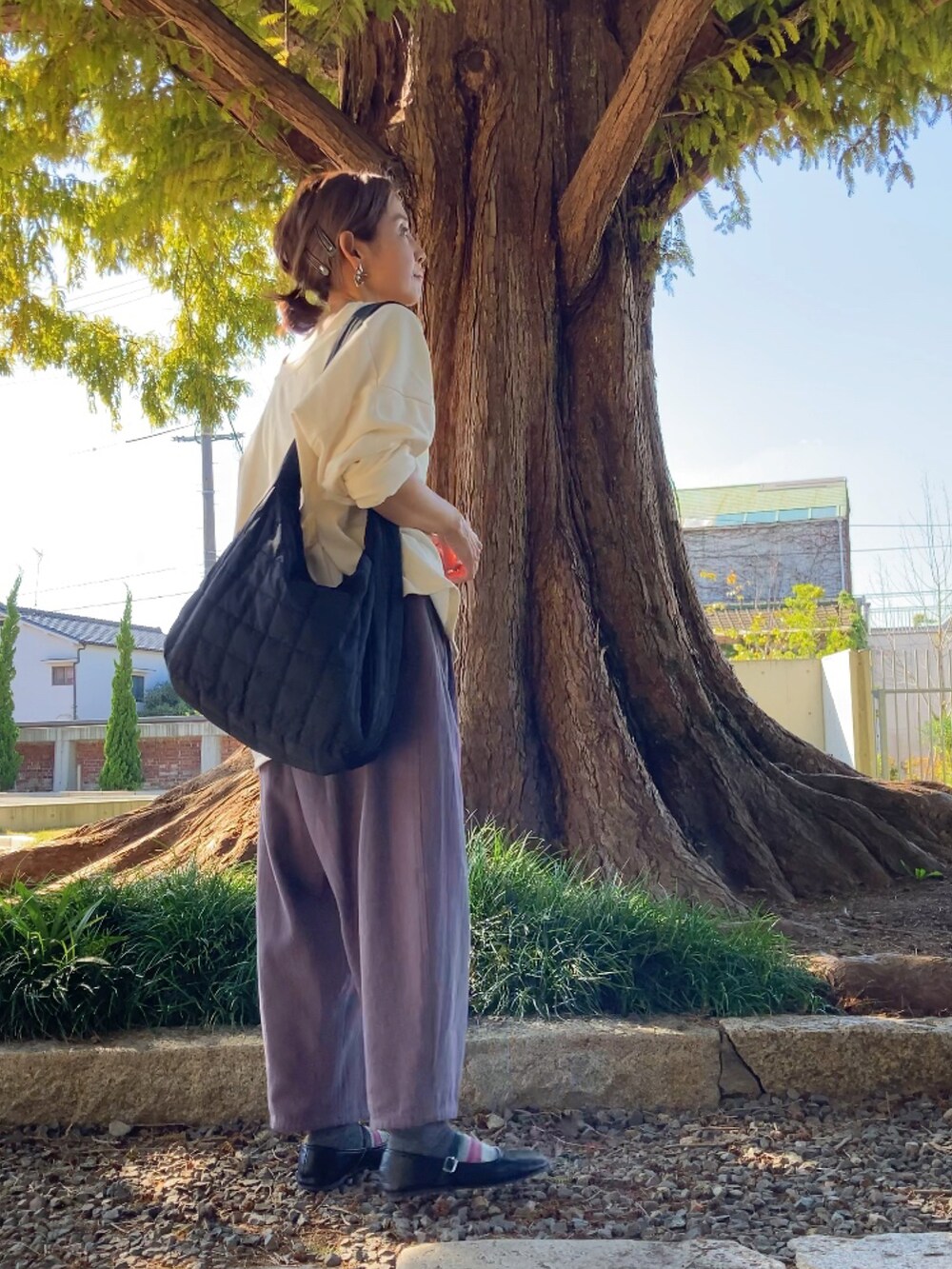 「ソックス、ソックスコーデ、柄ソックス、メリノウール、Sockwell、ペンギンパンツ、サマンサ モスモス(Samansa Mos2)」｜「SockWellの[LD209W]BLANKET TWILL　Ladies  CHARCOAL（ソックス/靴下、グレー系）」を使った、まゆみんさん（レディース・160cm）の秋コーディネートの5枚目の写真