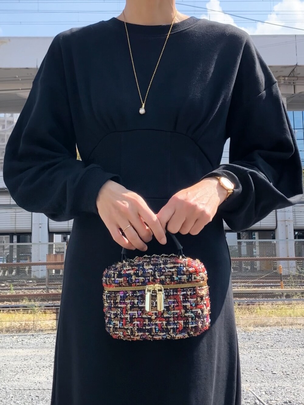 ブラック系のワンピース、その他のハンドバッグ、ブラック系のシューズを着用したレディースの秋コーディネートの2枚目の写真