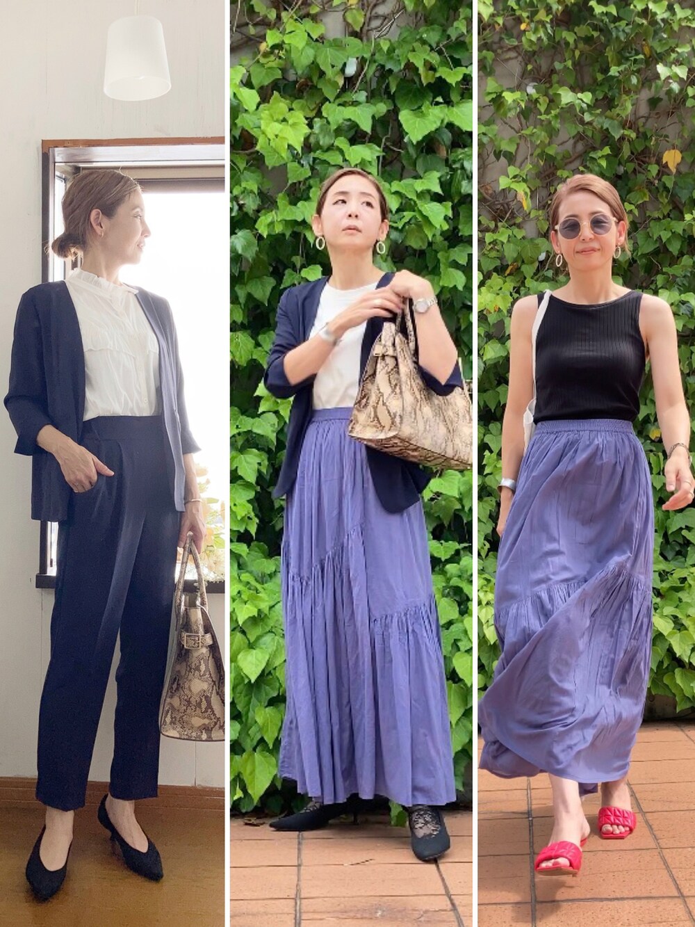 「White Collection、WHITE JOOLA、Emilyan、セットアップ、シワになりにくい、コットンスカート、サニーレーベル、Sonny Label、パンプス、vivaia、お仕事コーデ」|「Emilyanの【手洗いできるハイストレッチカルゼワッシャー】WEB限定!カラーレスジャケット&テーパードパンツ/セットアップスーツ(スーツセット、ブルー系)」を使った、まゆみんさん(レディース・160cm)の夏コーディネートの4枚目の写真