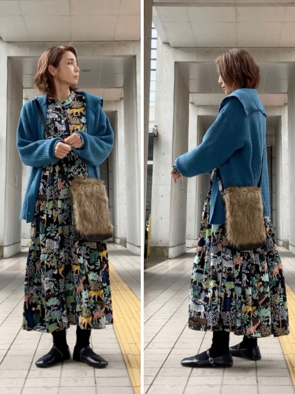 ブルー系のニット/セーター、ブラウン系のショルダーバッグ、ブラック系のワンピースを着用したレディースの秋コーディネートの3枚目の写真