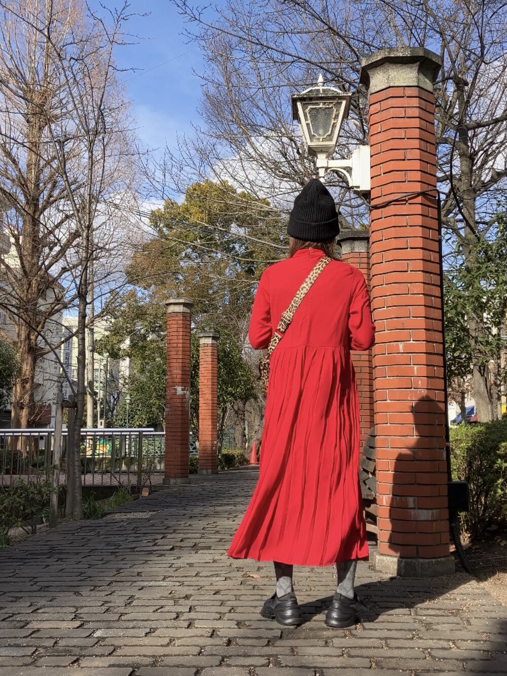 レッド系のワンピース、ブラウン系のショルダーバッグ、ブラック系のシューズを着用したレディースの冬コーディネートの4枚目の写真