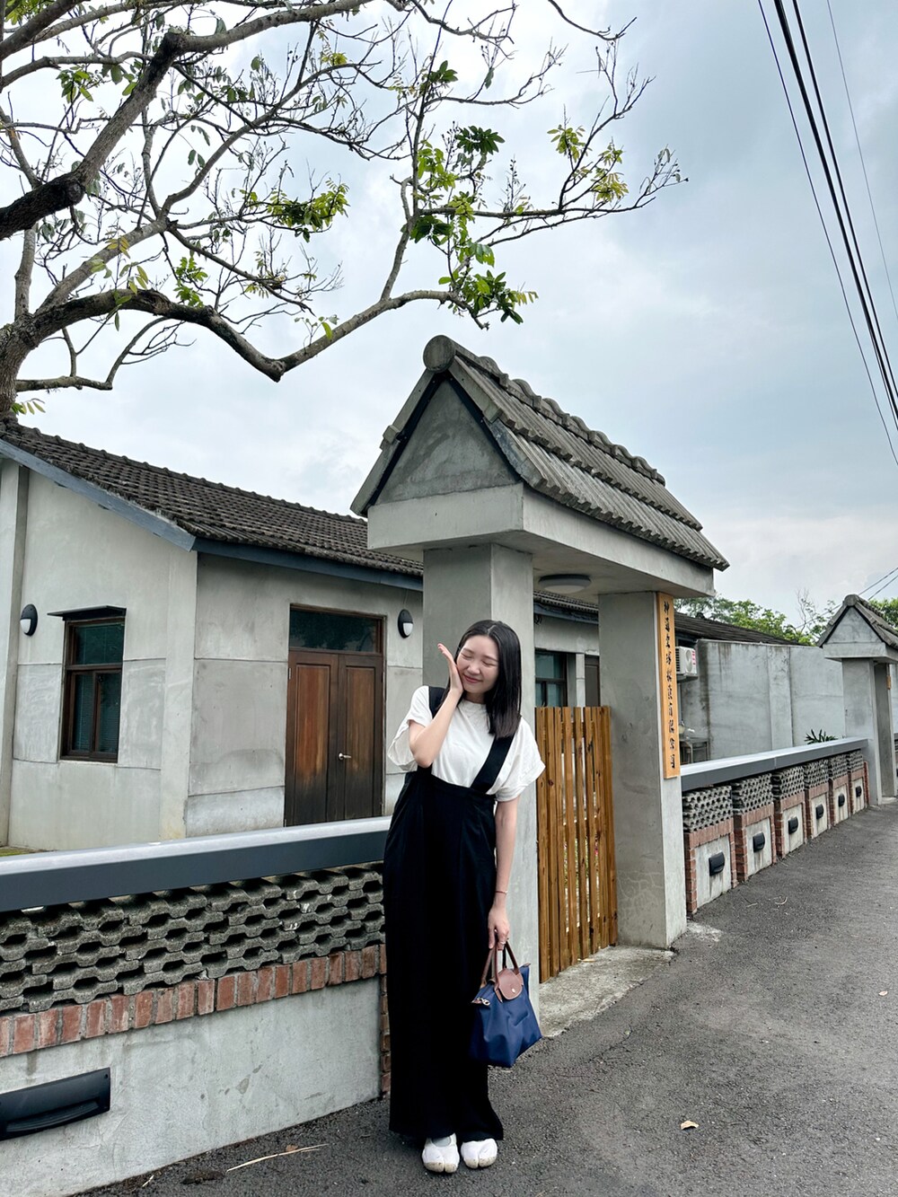 ホワイト系のTシャツ/カットソー、ブラック系のオールインワン・サロペット、ブルー系のトートバッグを着用したレディースの夏コーディネートの2枚目の写真