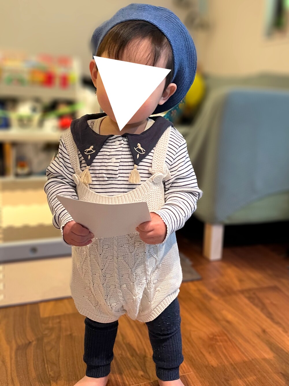 「男の子、韓国子供服、1歳、サロペット、赤ちゃんコーデ、ベビーファッション、むすこーで、1歳2ヶ月、男の子ベビー、ベビーコーデ、バースデイ、cottoli、ベレー帽、ニットベレー、ニットサロペット」｜「F.O.Online Storeのアイテム（レギンス/スパッツ、ブラック系）」を使った、𝚖𝚒𝚣𝚞☻︎　  さん（キッズ・70cm）の秋コーディネートの4枚目の写真