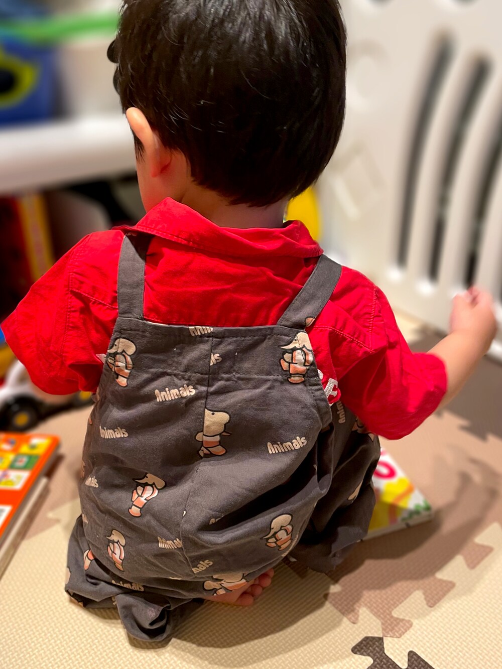「韓国子供服、休日スタイル、男の子、むすこーで、ゾウさん、おとこのこ、aimoha(aimoha)、ミキハウス、オーバーオール、1歳、1歳0ヶ月、男の子ベビー、ベビーコーデ、赤シャツ」｜「aimohaのaimoha-KIDS- 可愛い総柄プリントサロペット（サロペット/オーバーオール、グレー系）」を使った、𝚖𝚒𝚣𝚞☻︎　  さん（キッズ・70cm）の秋コーディネートの4枚目の写真