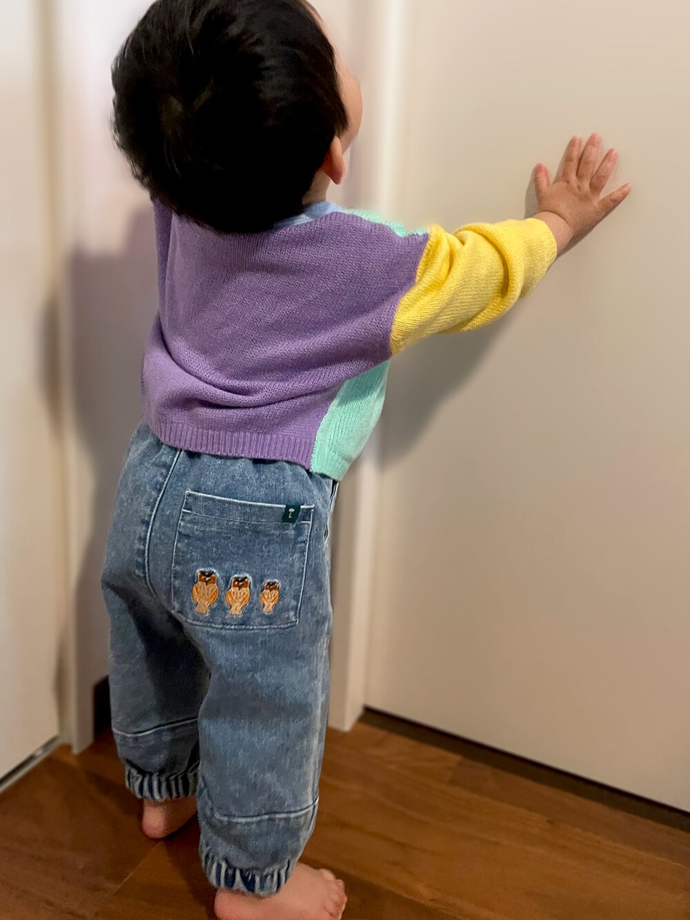 「キッズファッション、むすこーで、おとこのこ、カーディガン、春色、1歳、1歳5ヶ月、１歳男の子、男の子ベビー、ベビーコーデ、shein、カラフル、moimoln、petit main、海外子供服」｜「moimolnのアウル刺繍デニムパンツ（デニムパンツ、ブルー系）」を使った、𝚖𝚒𝚣𝚞☻︎　  さん（キッズ・70cm）の冬コーディネートの3枚目の写真