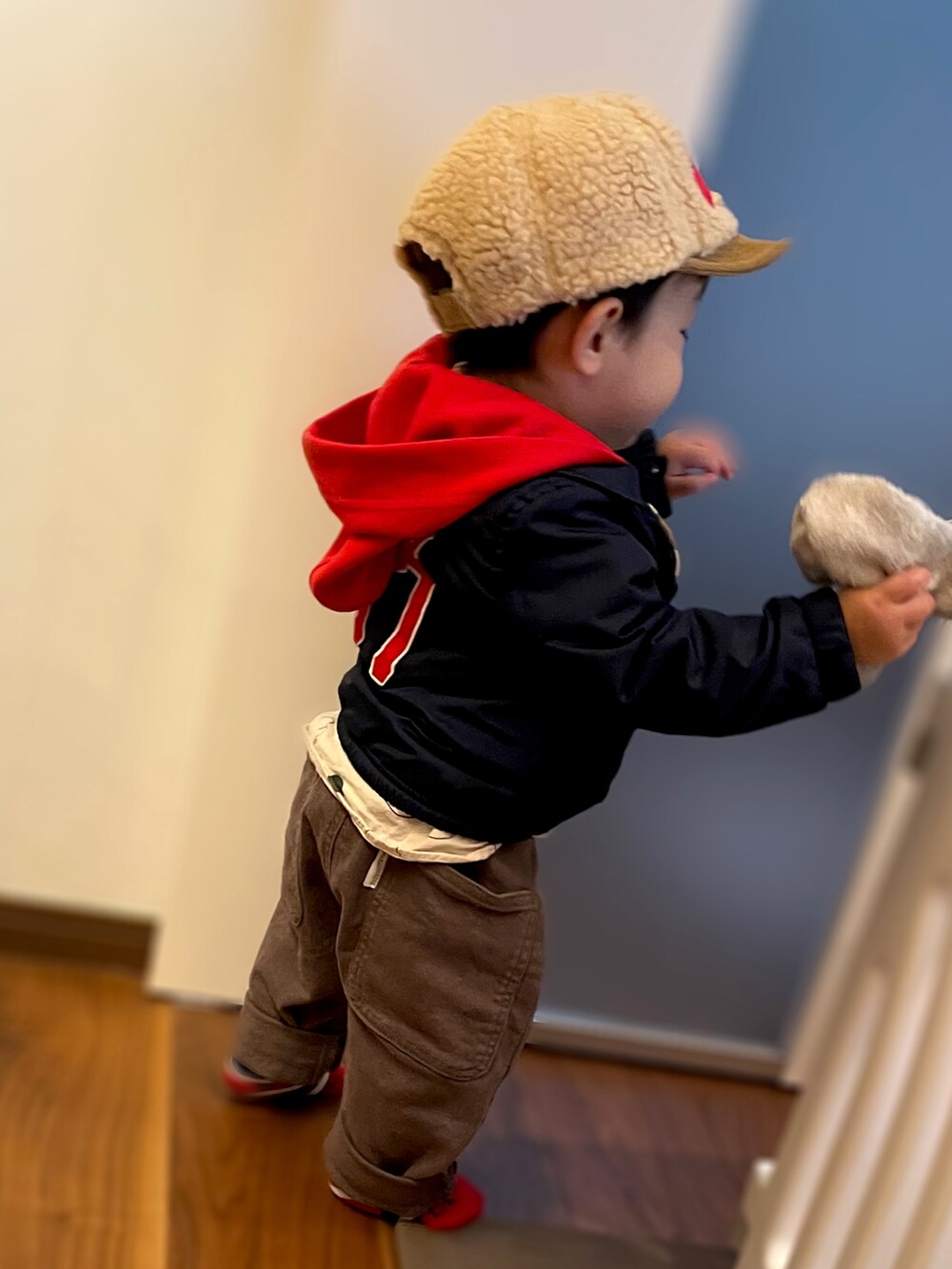 「kids、むすこーで、男の子コーデ、カジュアル、キッズコーデ、おとこのこ、ベビーコーデ、１歳男の子、1歳、1歳2ヶ月、アンパンマン、ポロラルフローレン、make your day、古着、男の子ベビー」｜「ANPANMAN KIDS COLLECTIONのアンパンマンボアキャップ（キャップ、ベージュ系）」を使った、𝚖𝚒𝚣𝚞☻︎　  さん（キッズ・70cm）の秋コーディネートの3枚目の写真