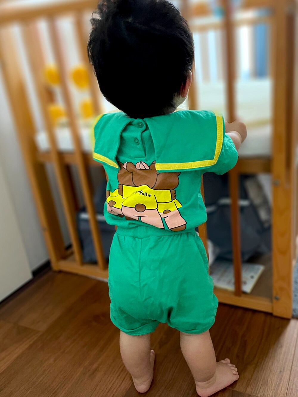 「夏コーデ、男の子コーデ、韓国子供服、グリーン、おとこのこ、キッズファッション、保育園、保育園コーデ、ピンポヨ、セットアップ、ベビーコーデ、０歳、生後11ヶ月、男の子ベビー、原色」｜「PIMPOLLOのアイテム（Tシャツ/カットソー、グリーン系）」を使った、𝚖𝚒𝚣𝚞☻︎　  さん（キッズ・70cm）の夏コーディネートの2枚目の写真