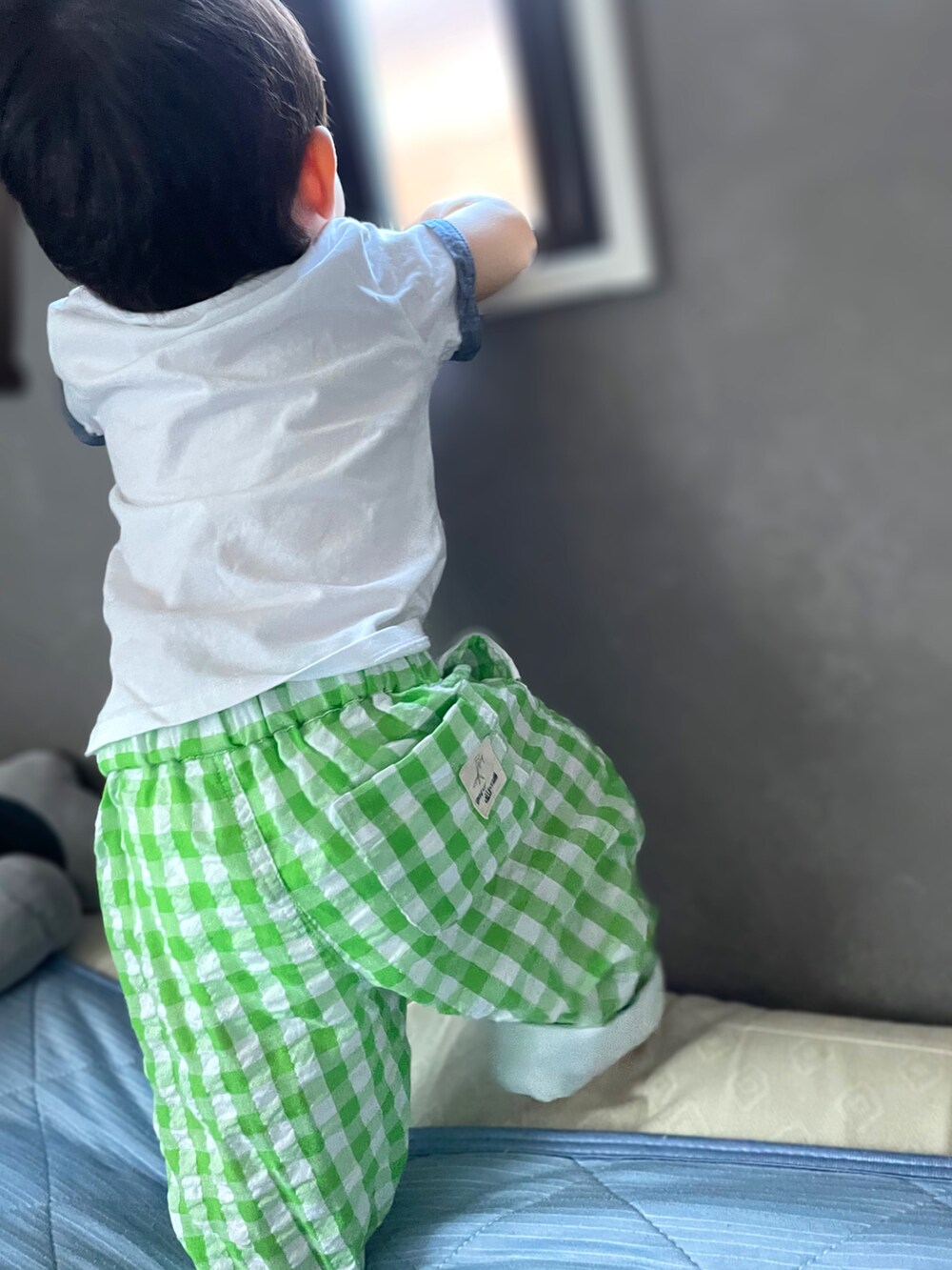 「夏コーデ、Tシャツ、カラーパンツ、キッズファッション、生後11ヶ月、ベビーコーデ、チェックパンツ、白Tシャツ、保育園、保育園コーデ、男の子ベビー、インセクトコレクション、OKAIDI、０歳」｜「OKAIDIのアイテム（Tシャツ/カットソー、ホワイト系）」を使った、𝚖𝚒𝚣𝚞☻︎　  さん（キッズ・70cm）の夏コーディネートの3枚目の写真
