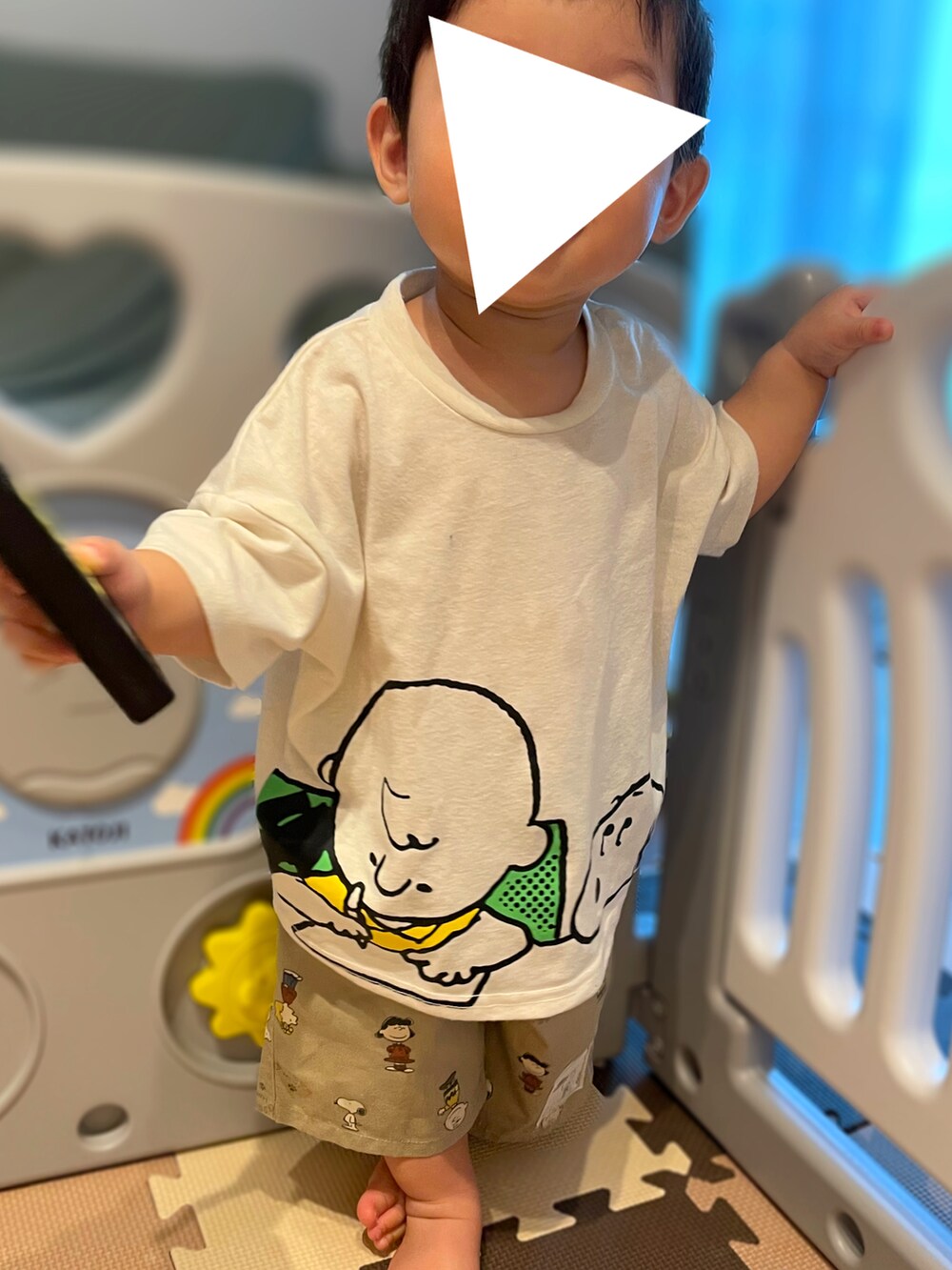 「キッズファッション、プチプラ、プリントT、男の子コーデ、０歳、ベビーコーデ、生後11ヶ月、スヌーピー コーデ、西松屋、PEANUTS、白Tシャツ、男の子ベビー、保育園、保育園コーデ、ビッグシルエット」｜「西松屋のアイテム（Tシャツ/カットソー、ホワイト系）」を使った、𝚖𝚒𝚣𝚞☻︎　  さん（キッズ・70cm）の夏コーディネートの2枚目の写真