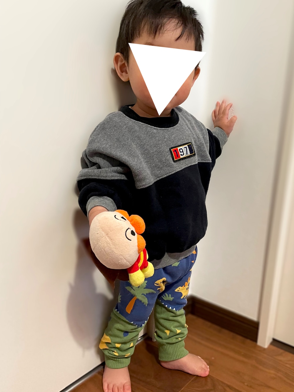 「カジュアルコーデ、男の子コーデ、レギンス、一歳、一歳男の子、1歳、1歳2ヶ月、男の子ベビー、ベビーコーデ、保育園コーデ、保育園、moujonjon、西松屋、恐竜、おさがり」｜「Moujonjonのアイテム（スウェット、ブラック系）」を使った、𝚖𝚒𝚣𝚞☻︎　  さん（キッズ・70cm）の秋コーディネートの4枚目の写真