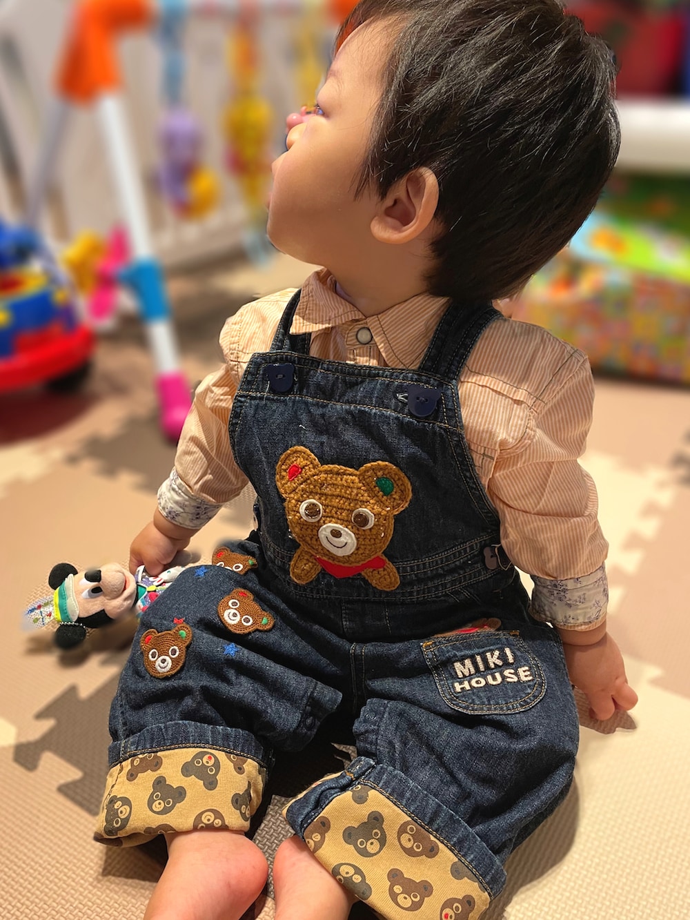 美品】ミキハウス オーバーオール 80 プッチーくん 飛行機 バス