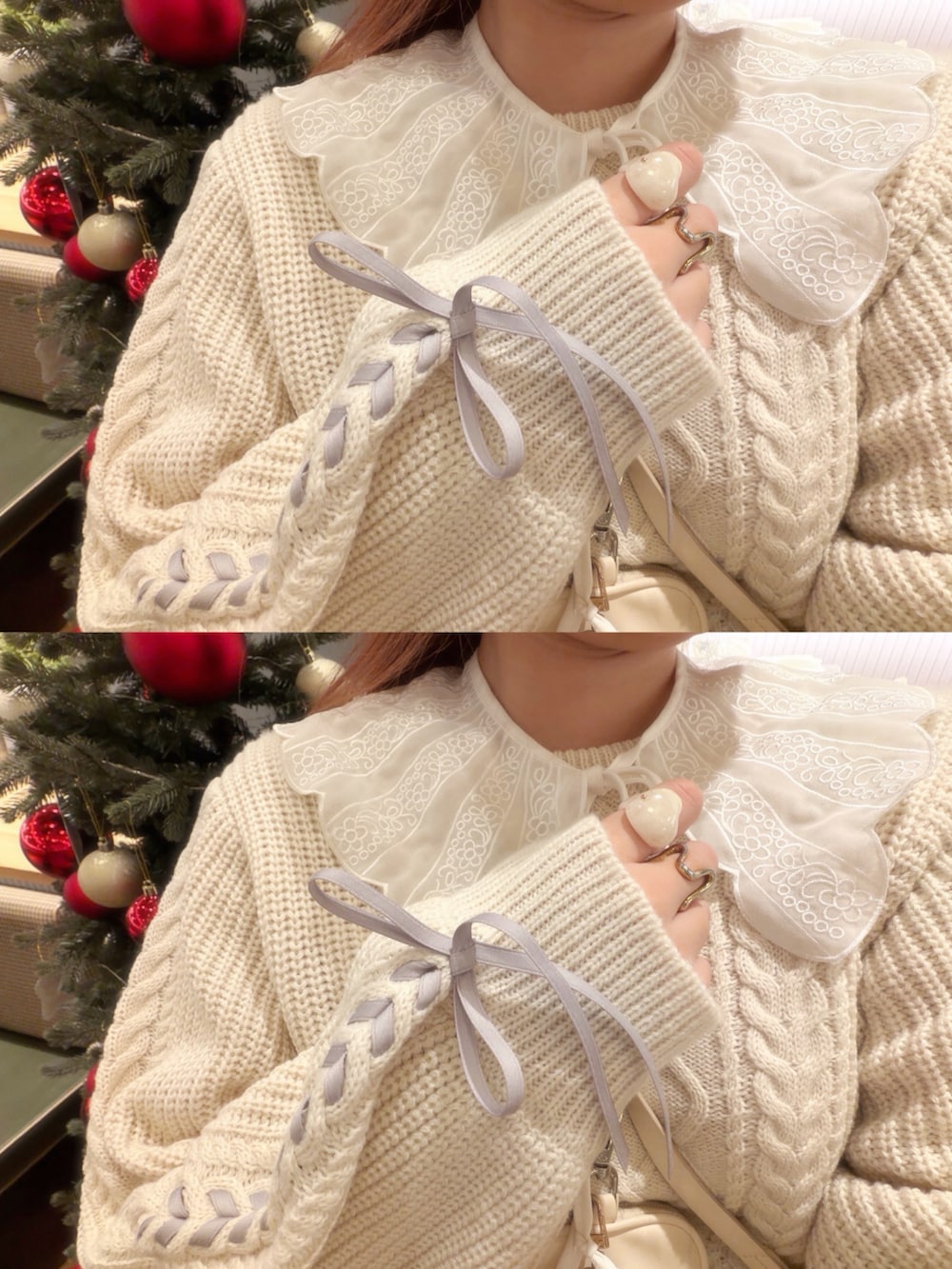 ホワイト系のニット/セーター、ホワイト系のスカート、ホワイト系のショルダーバッグを着用したレディースの冬コーディネートの5枚目の写真