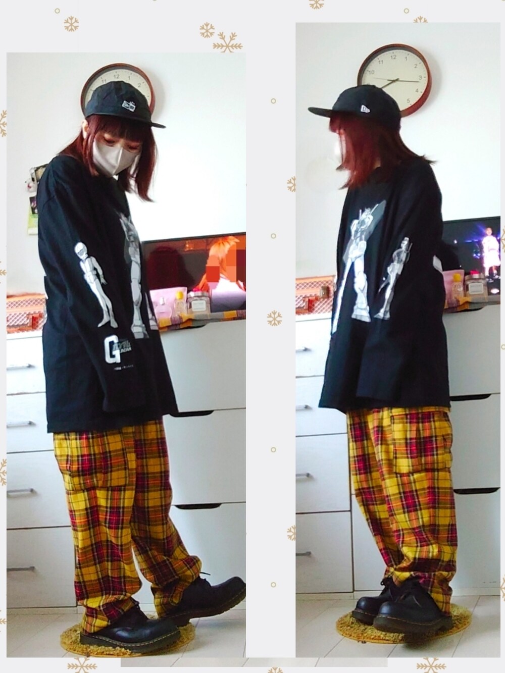 イエロー系のカーゴパンツ、ブラック系のTシャツ/カットソー、ブラック系のその他シューズを着用したレディースの冬コーディネートの2枚目の写真