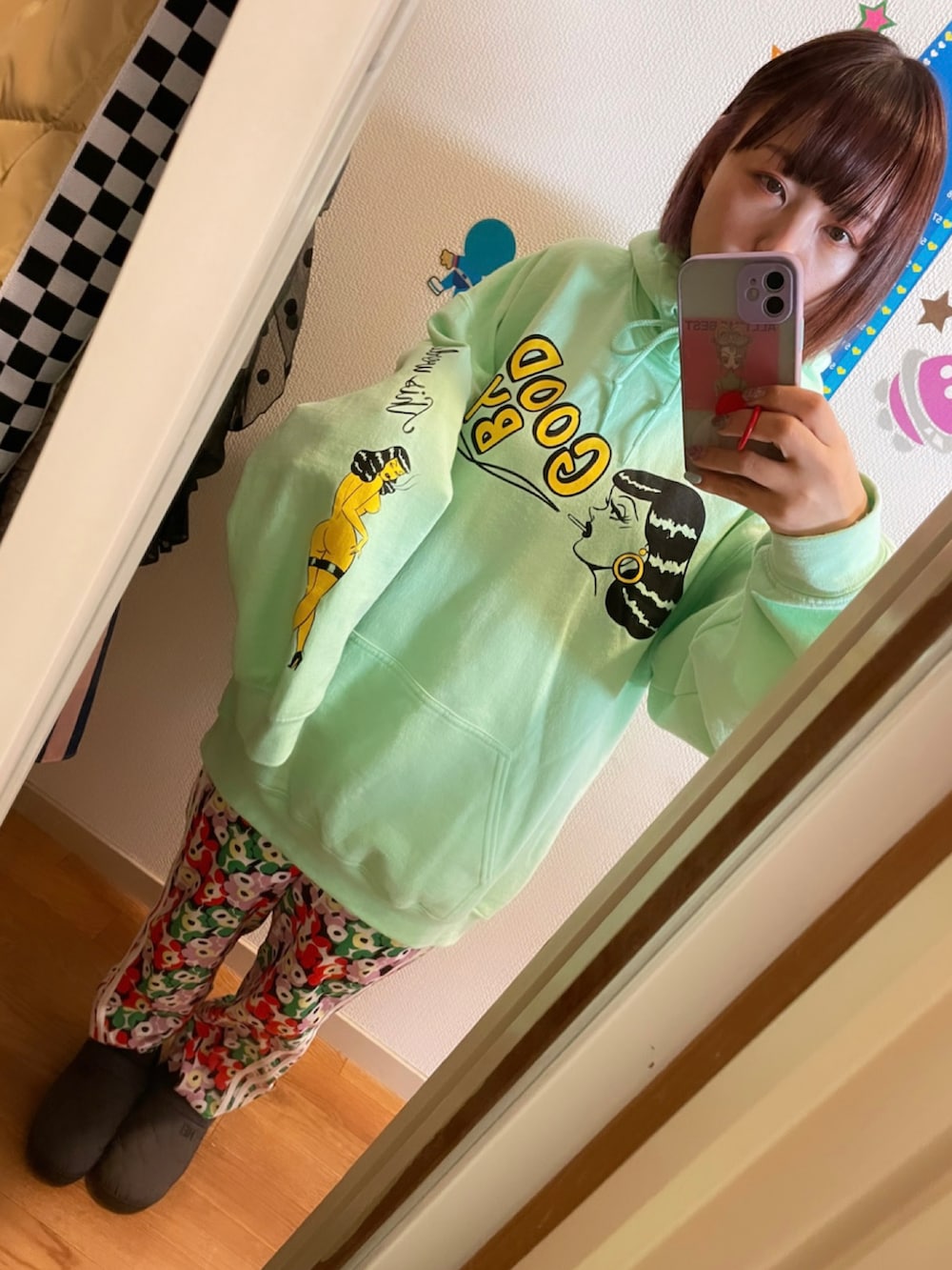「低身長、低身長コーデ、低身長女子、ショートカット、marimekko」｜「VALENTINTのアイテム（スウェット、グリーン系）」を使った、◎みお◎さん（レディース・150cm）の冬コーディネートの2枚目の写真