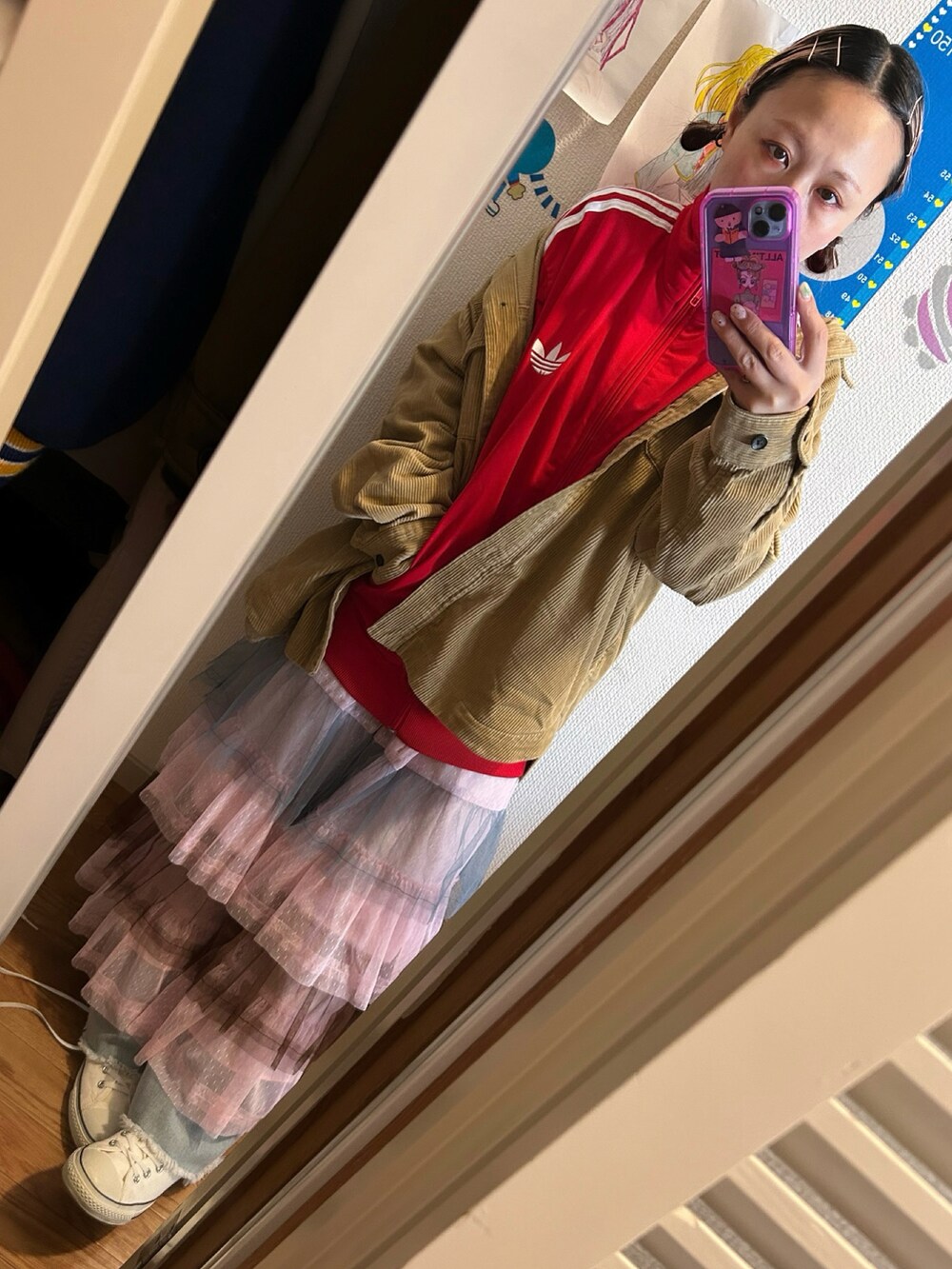 「HELLO.SANFRANCISCOの【HELLO.SANFRANCISCO/ハローサンフランシスコ】カラーブロックチュールティアードスカート（スカート、ピンク系）」を使った、◎みお◎さん（レディース・150cm）の冬コーディネートの2枚目の写真