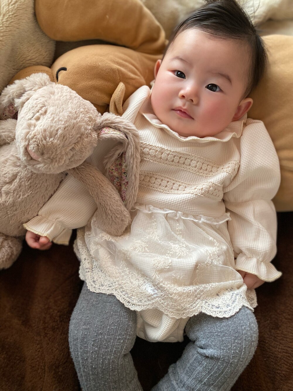 「4ヶ月、ベビーコーデ」｜「SHEINのアイテム（ロンパース、ホワイト系）」を使った、KENHAYARIHITO♡KARINさん（キッズ・70cm）の冬コーディネートの2枚目の写真