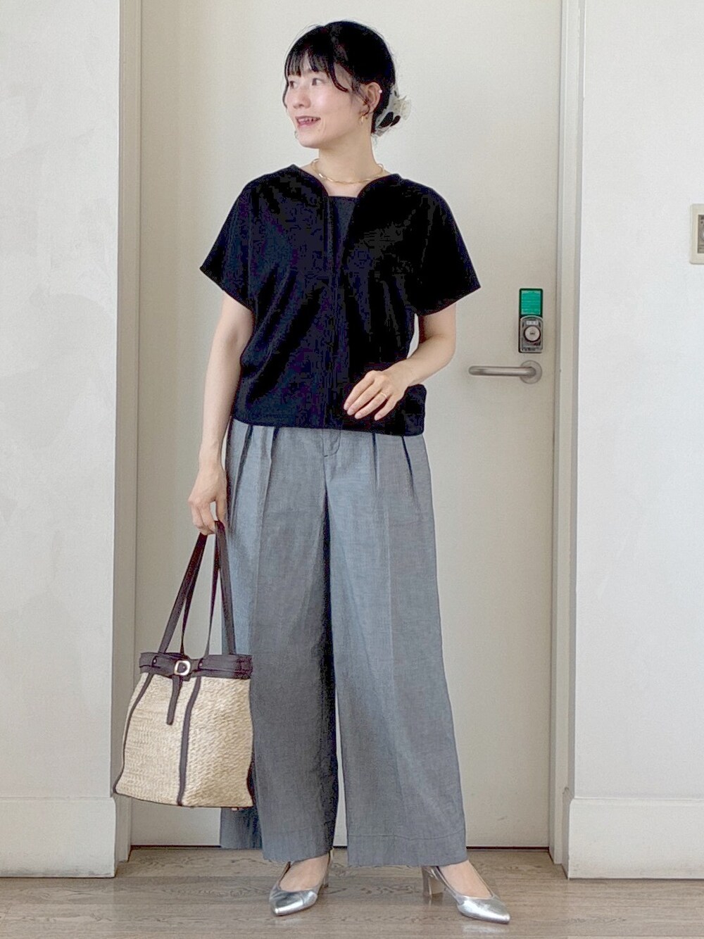 ホワイト系のカーディガン/ボレロ、ブラック系のTシャツ/カットソー、ブラック系のその他パンツを着用したレディースの夏コーディネートの7枚目の写真