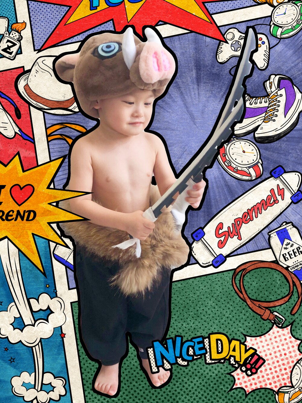 「kids、cosplay、鬼滅の刃、伊之助、萬聖節服裝🎃」｜「DIYのアイテム（帽子、ブラウン系）」を使った、nANaさん（キッズ・90cm）の秋コーディネートの2枚目の写真