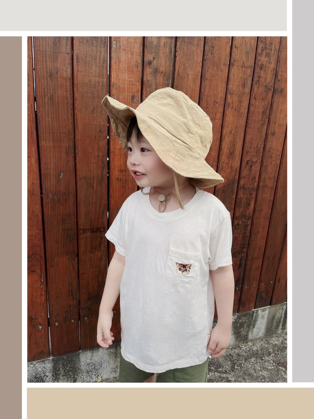 ベージュ系のTシャツ/カットソー、グリーン系のカーゴパンツ、ブラック系のその他シューズを着用したキッズの夏コーディネートの2枚目の写真