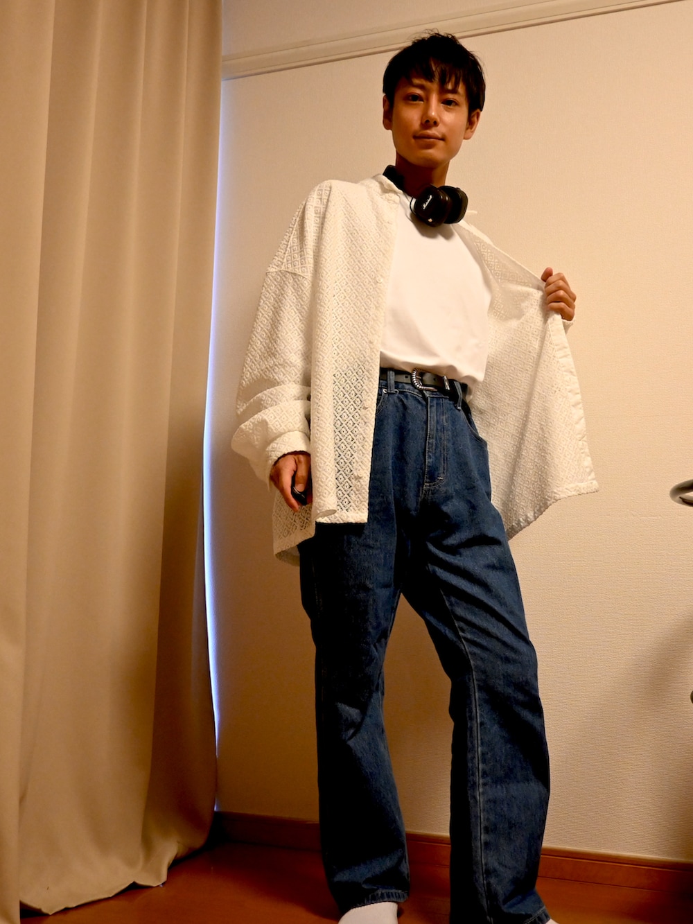 「秋服まるっと大公開、シンプルコーデ、おしゃれさんと繋がりたい、メガネ男子、シンプル、CLELしか勝たん！！、おしゃれな人と繋がりたい、レースシャツ、CLEL」｜「GUのアイテム（ソックス/靴下、ホワイト系）」を使った、TAKUTOさん（メンズ・165cm）の秋コーディネートの2枚目の写真