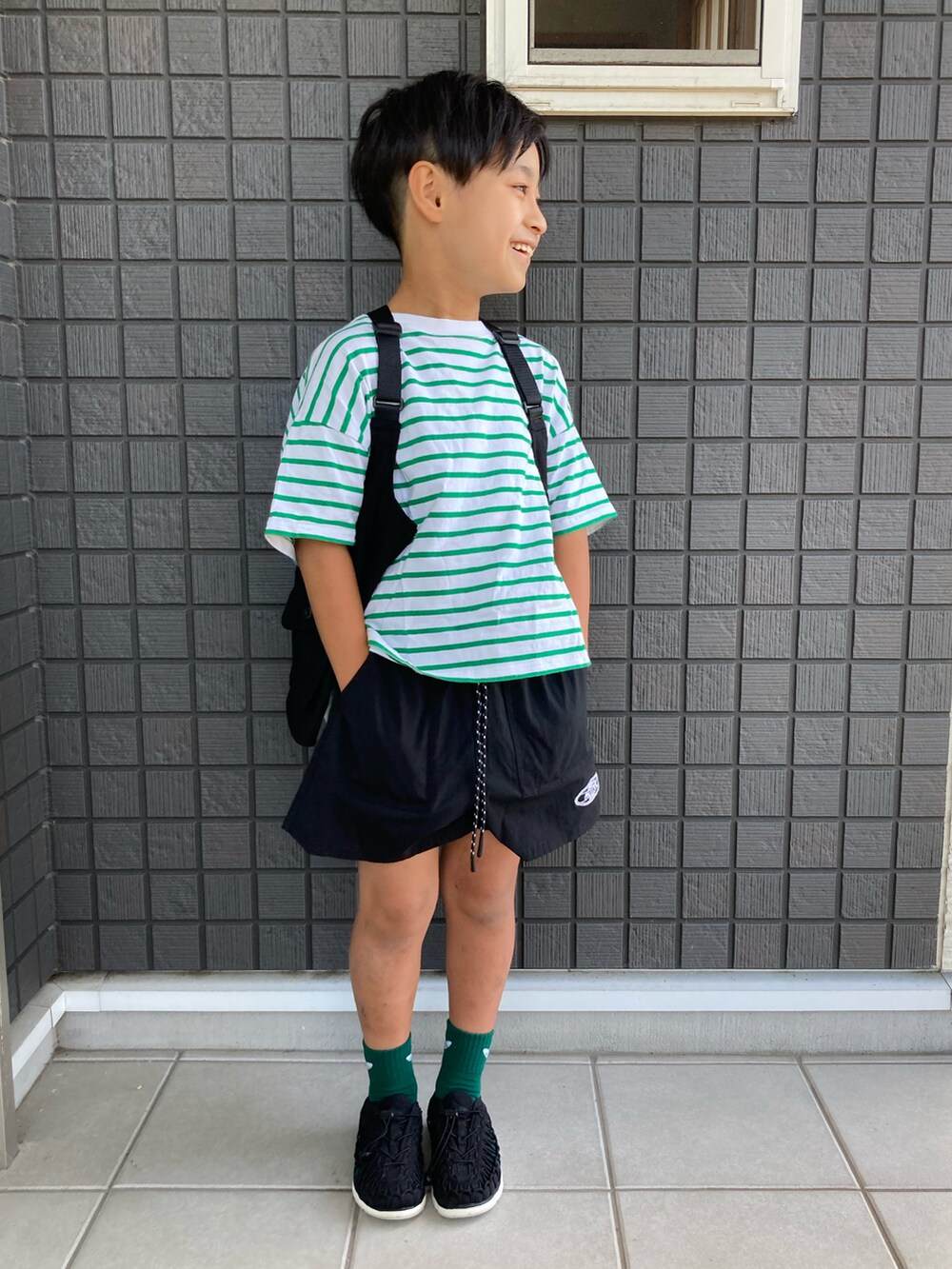 「ボーダートップス、Tシャツ、ボーダー、ベスト、タキビベスト、ハーフパンツ、ショートパンツ、keen、センター分け、男の子、7歳、小学生、ありがとう꒰๑͒ •ꇵ͒•`๑͒꒱☁︎」｜「LOWRYS FARMのＵＳＡボーダーＳＳＴ　937148（Tシャツ/カットソー、グリーン系）」を使った、☁︎•ꇵ͒•`s☺︎+sa*॰¨̮さん（キッズ・121cm）の夏コーディネートの2枚目の写真