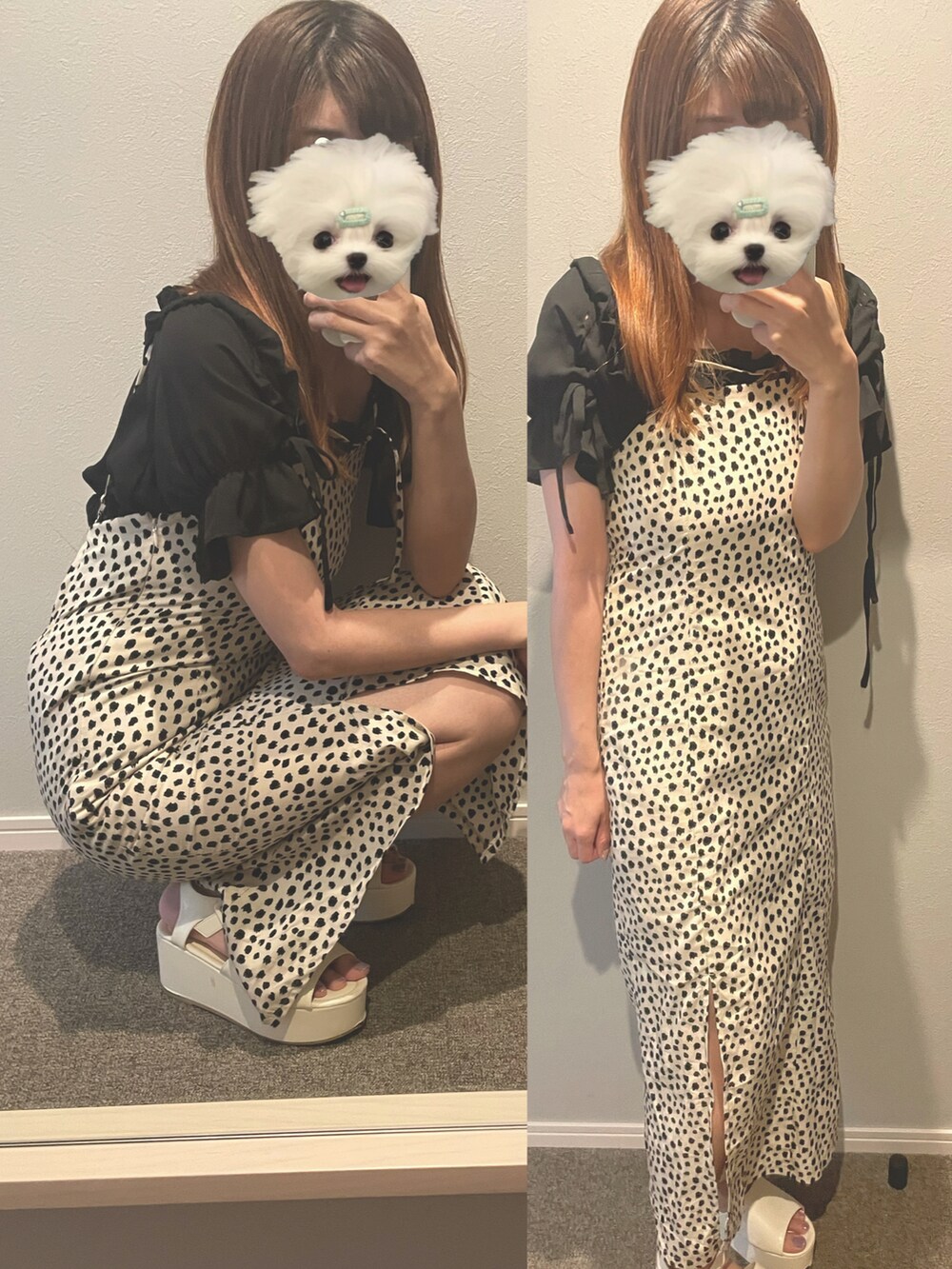 ホワイト系のサンダル、その他のワンピースを着用したレディースの秋コーディネートの2枚目の写真