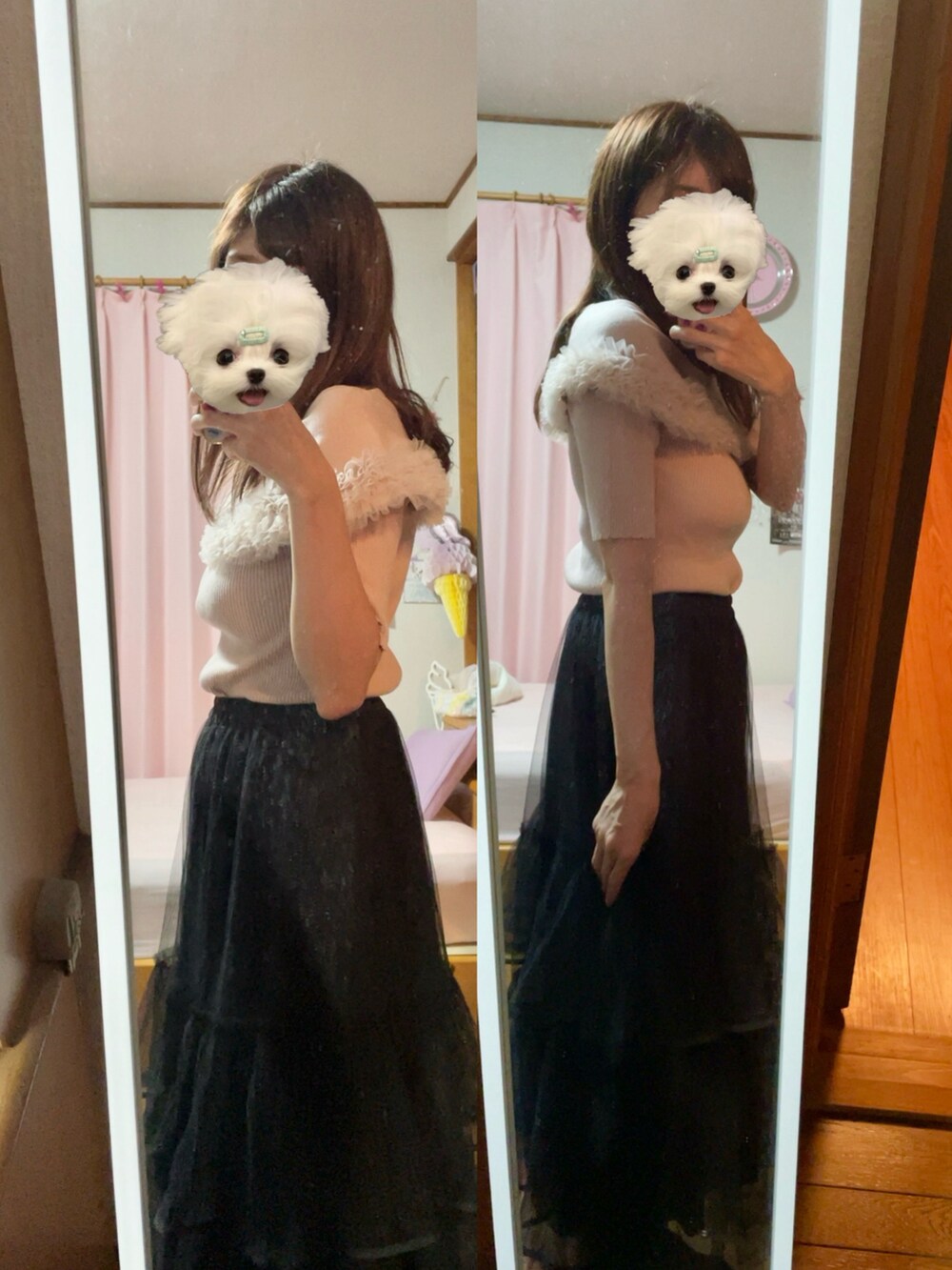 ブラック系のスカート、ピンク系のトップスを着用したレディースの秋コーディネートの2枚目の写真