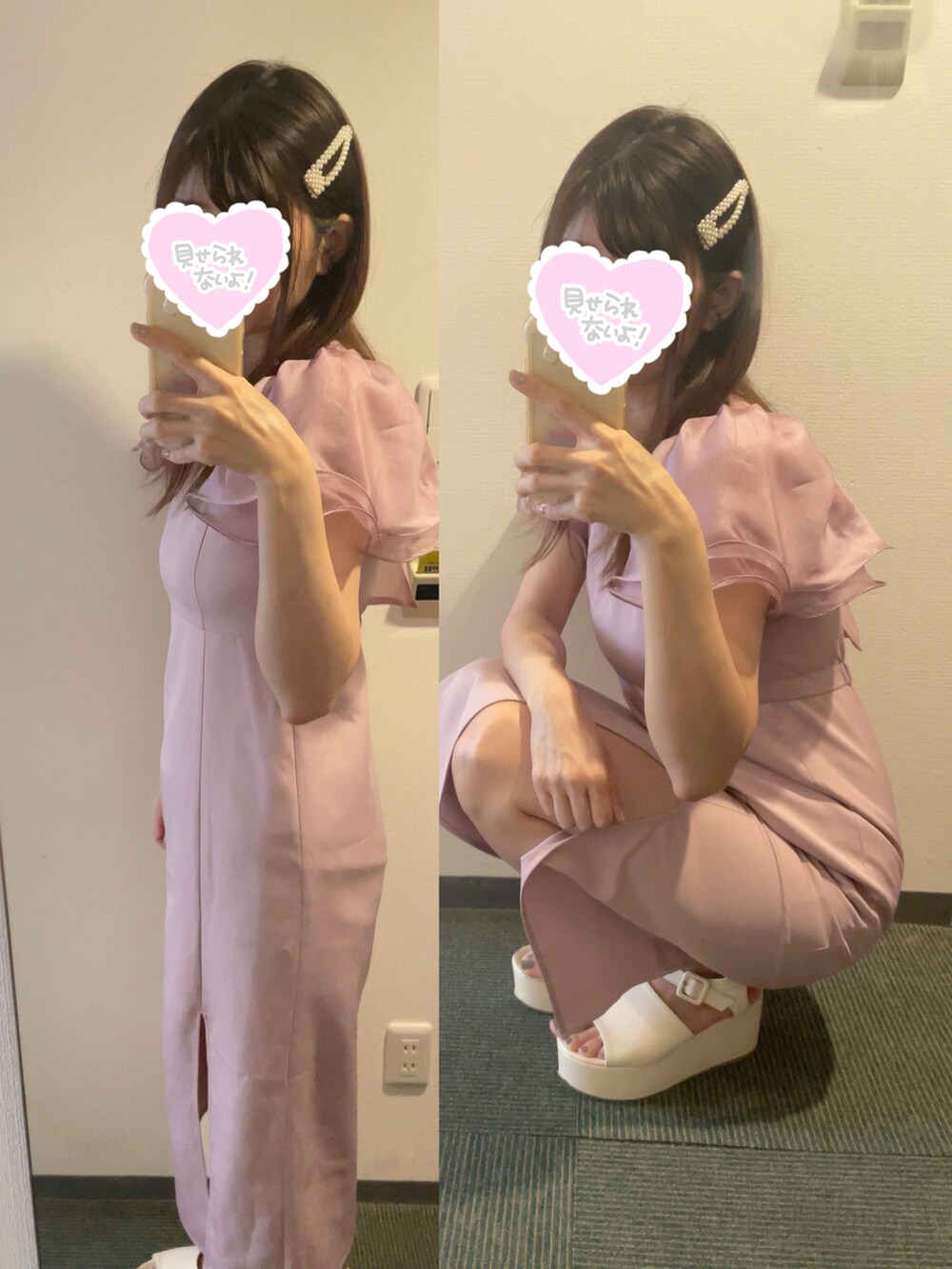 ホワイト系のサンダル、ピンク系のワンピース/ドレスを着用したレディースの秋コーディネートの2枚目の写真